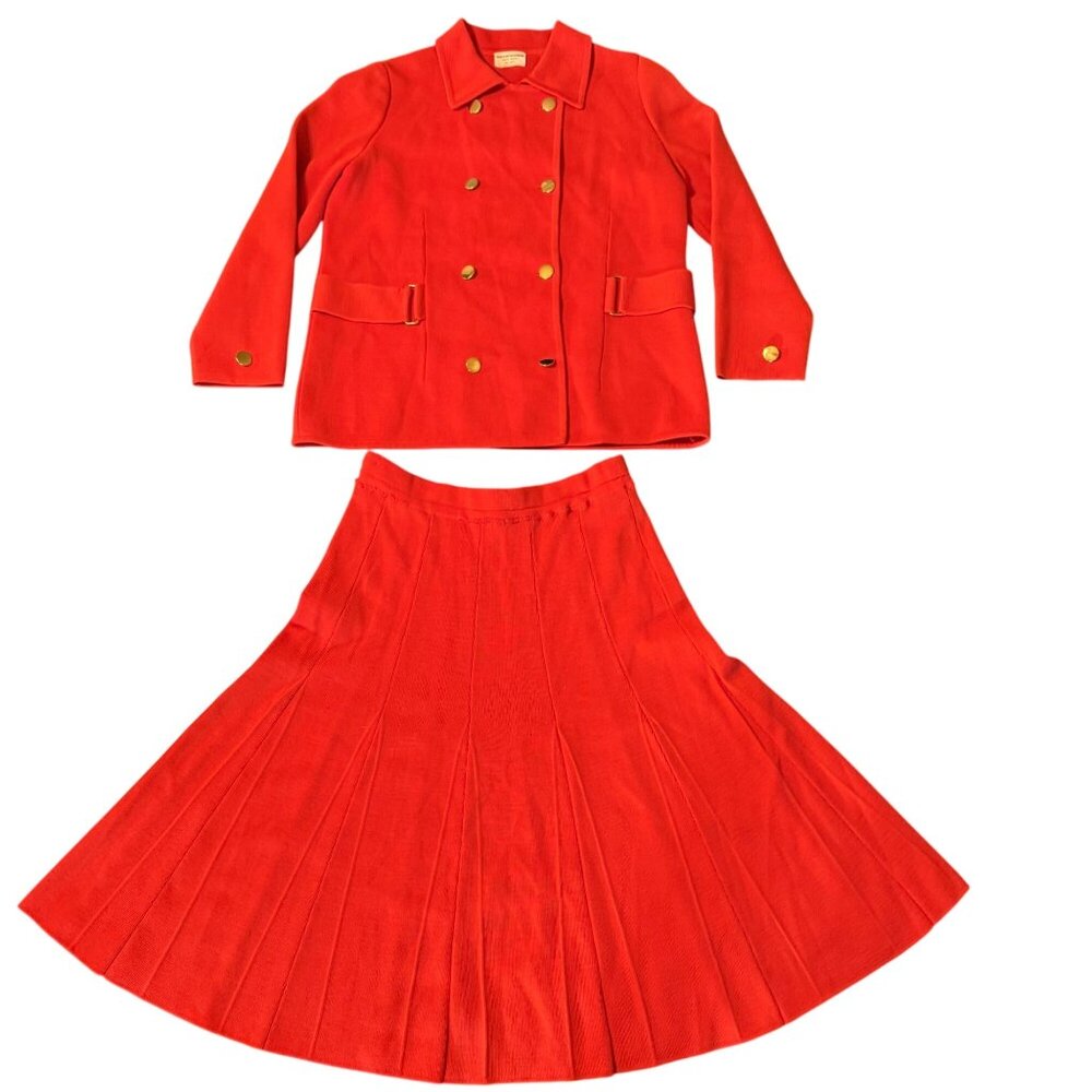 Vintage 100% Wool Skirt Suit Set Double-Breasted Jacket & Skirt‎ Size 12 orange